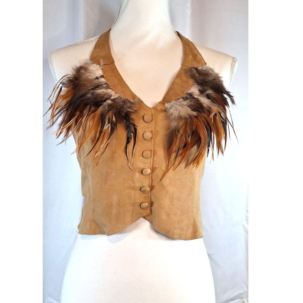 Vintage 70s Deerskin Suede Top w/Feather Detail LOTUS Leather Design Shasta CAL.